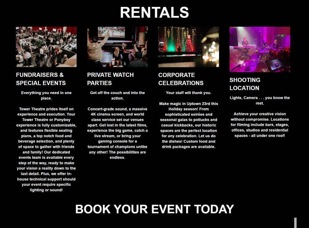 Tower Theatre rentals landing page